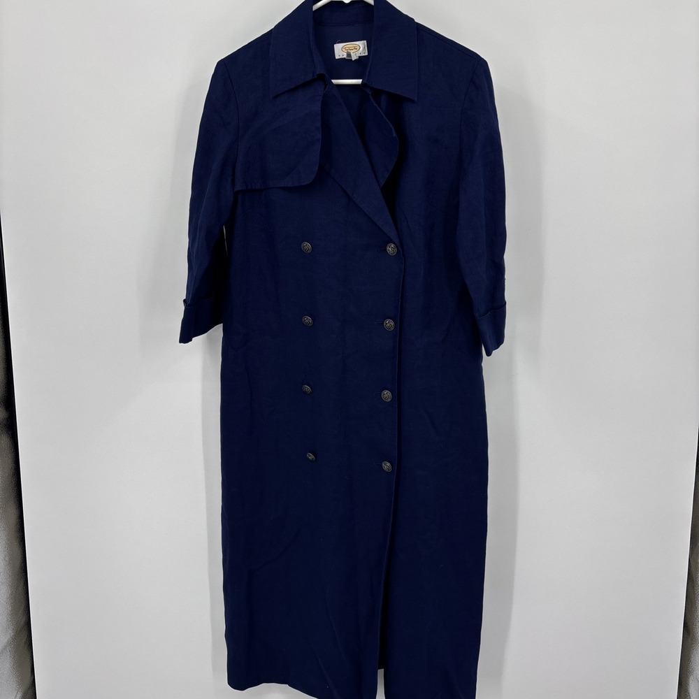 Talbots Petites Womens Navy Blue Linen Trench Coat Size 10 Nautical Classic READ